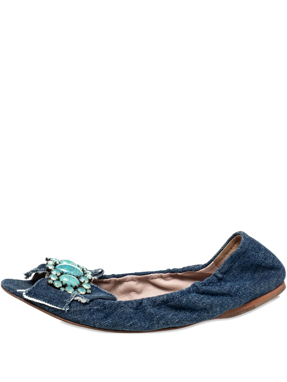 Pre-owned Miu Miu Denim Crystal-bow Flats