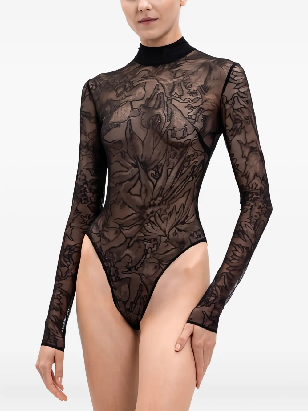 David Koma Floral-lace High-neck Bodysuit In Black