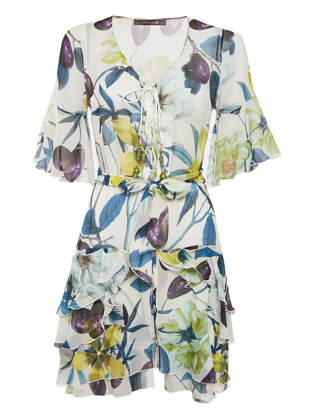 pre-owned floral ruffled silk mini dress