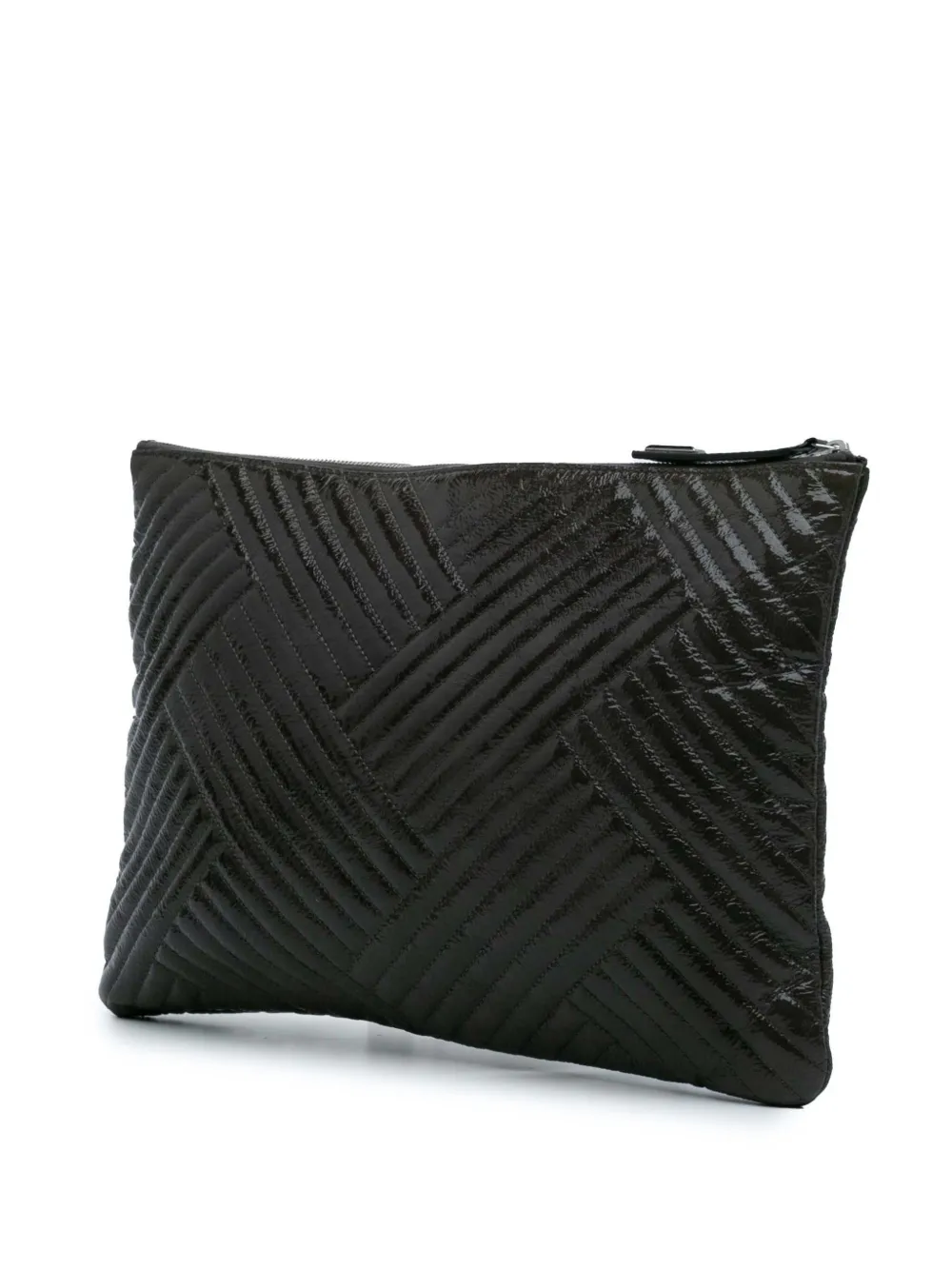 Pre-owned Chanel 2015-2016 Large Cc Distressed Quilted Patent Chevron Crossing O Case Clutch Bag In Gray