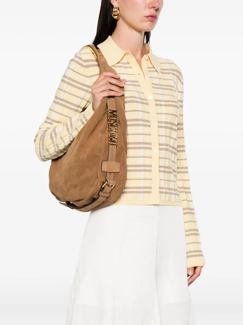 Moschino Handle Me medium suède schoudertas Bruin