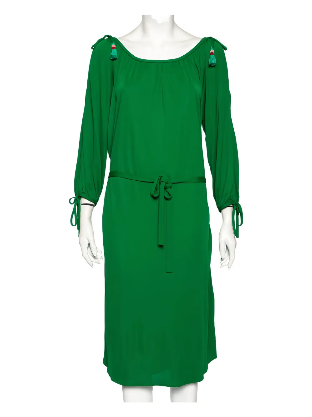 Pre-owned Roberto Cavalli Vintage Tassel-embellished Belted Dress In Green
