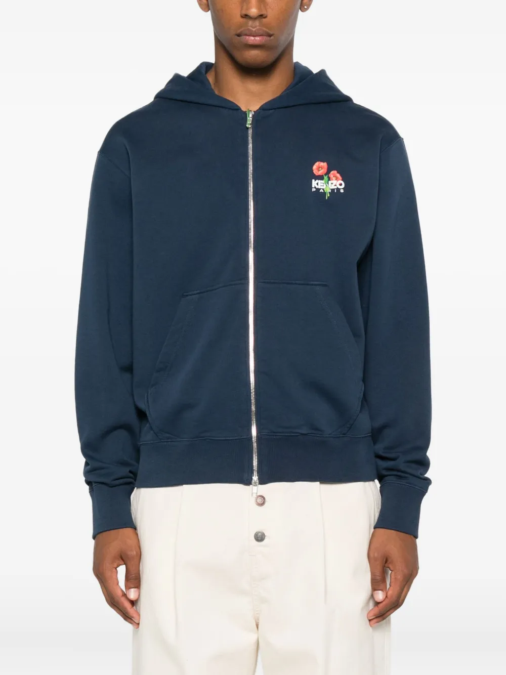 Kenzo floral-embroidered zip-up hoodie Blauw