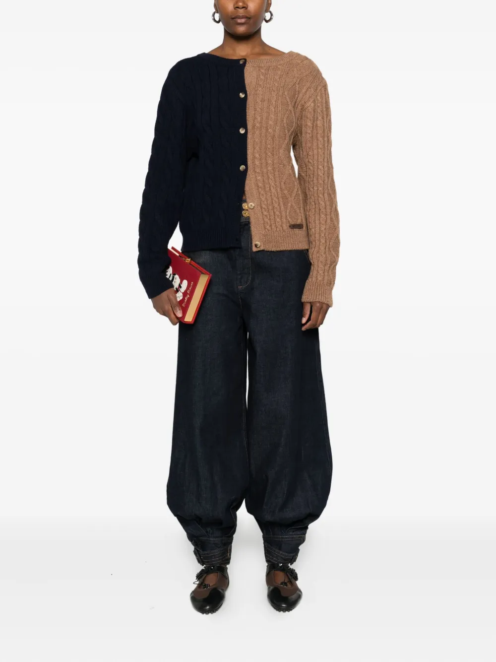 Moschino Cable Knit Long Sleeve V Back Sweater In Neutral
