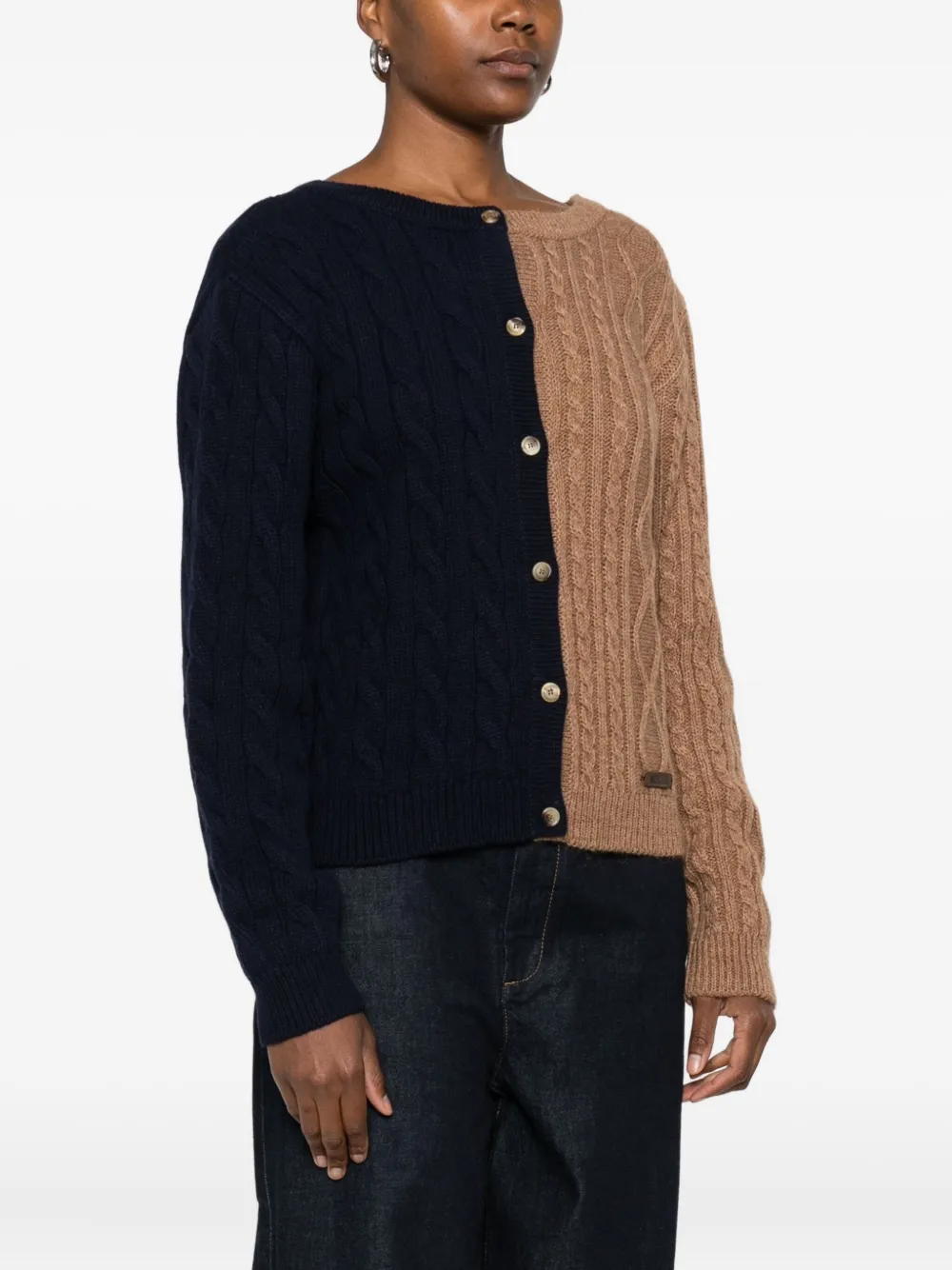 Moschino Cable Knit Long Sleeve V Back Sweater In Neutral