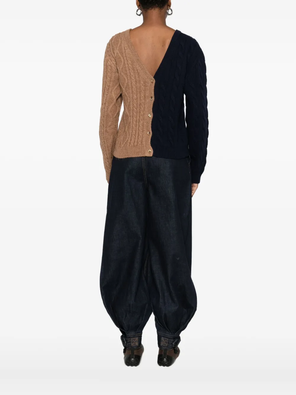 Moschino Cable Knit Long Sleeve V Back Sweater In Neutral