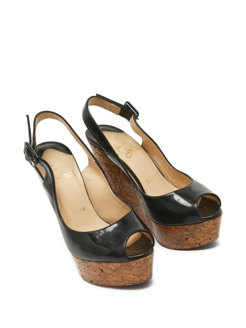 Christian Louboutin Pre-Owned Lakleren sandalen met sleehak van kurk - Zwart