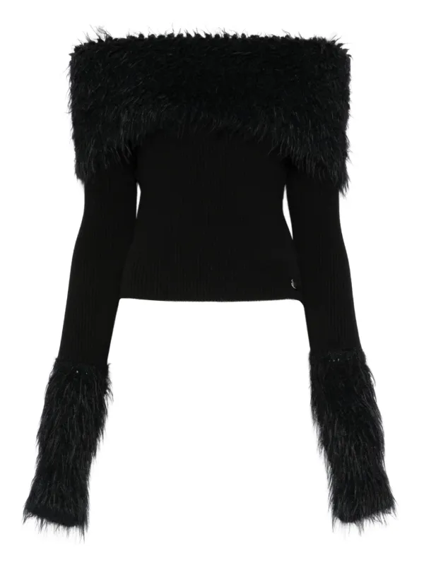 Jean Paul Gaultier Off-shoulder Fur-trim Sweater in Black
