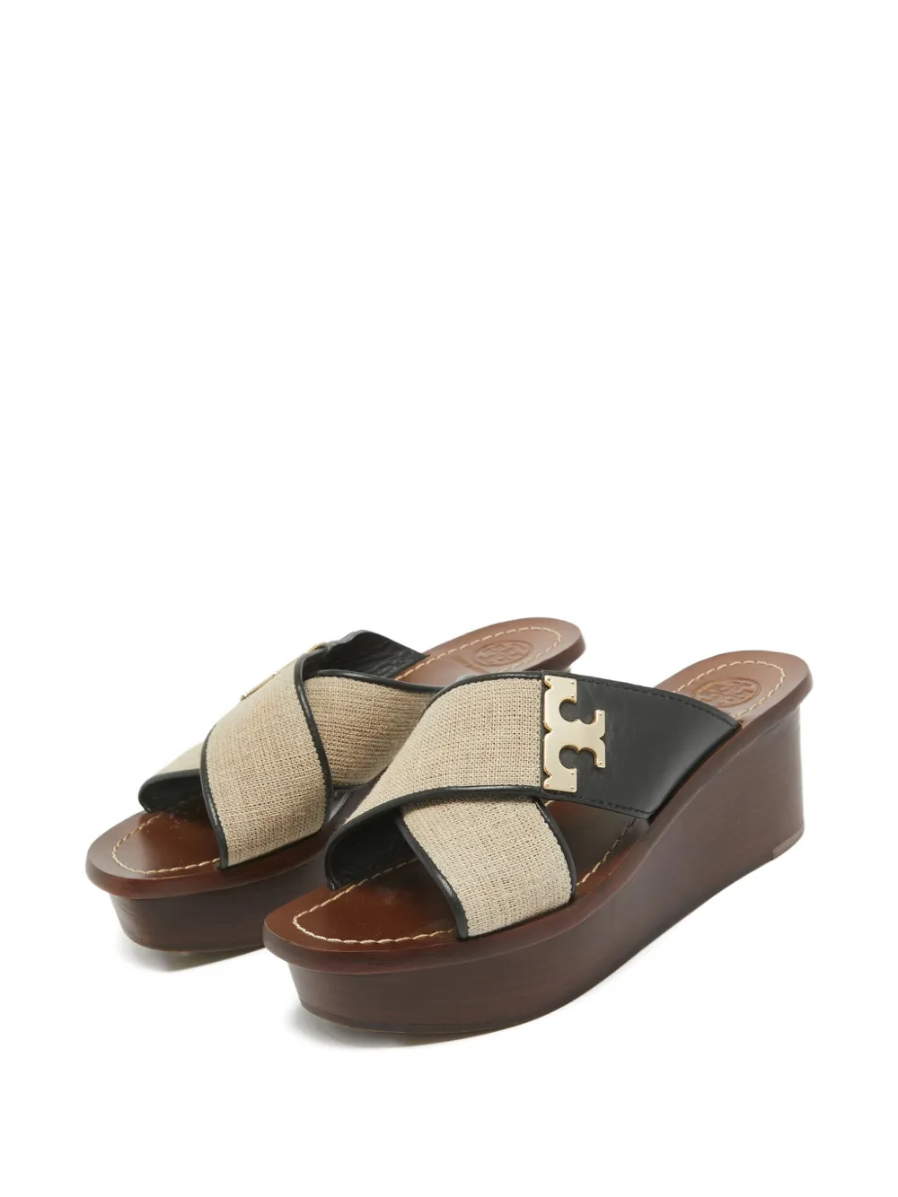 Pre-owned Tory Burch 55mm Cross-strap Wedge Sandals In Black