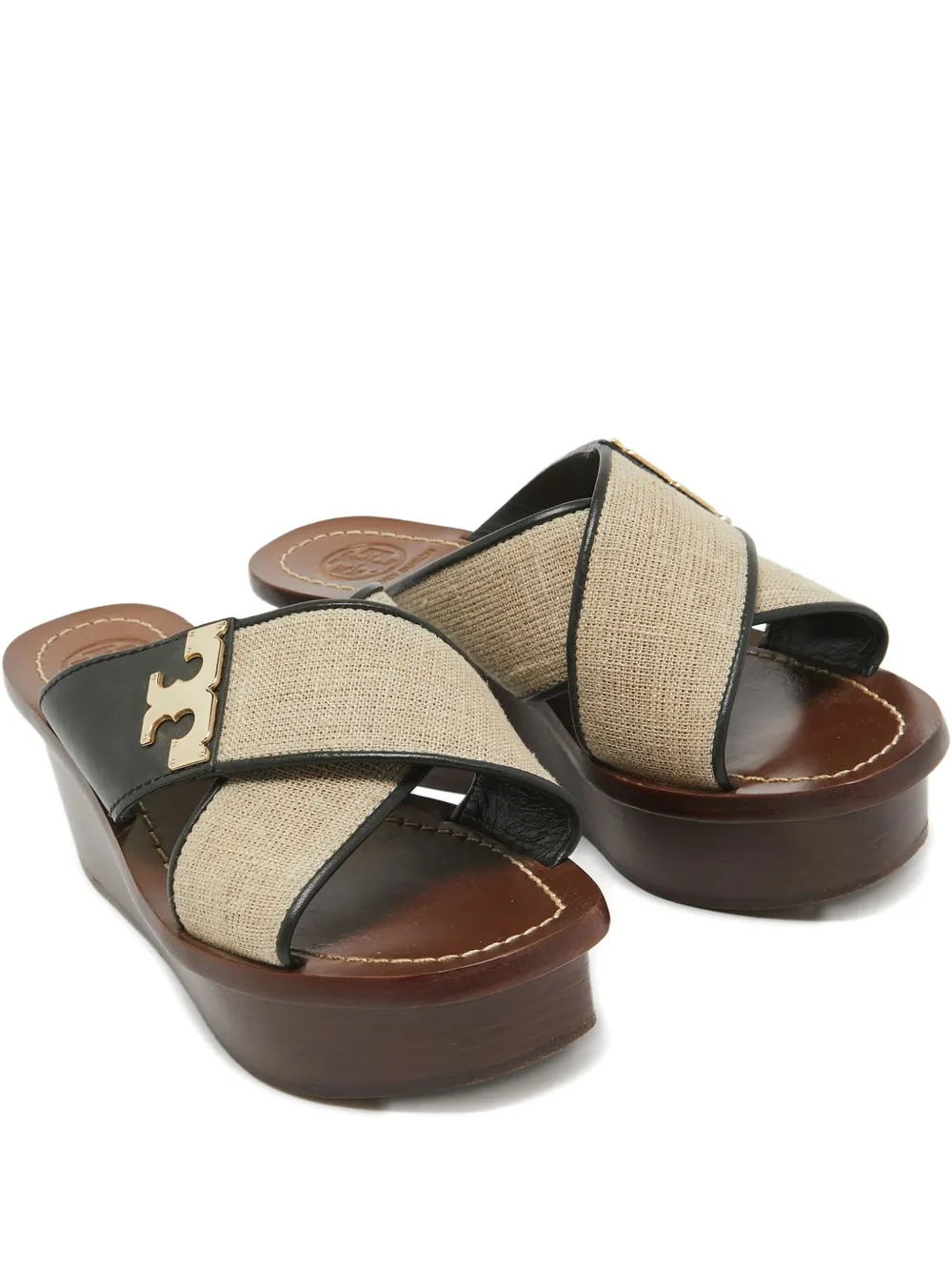 Pre-owned Tory Burch 55mm Cross-strap Wedge Sandals In Black