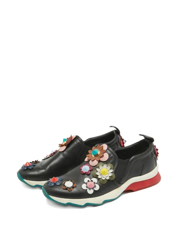 Fendi Pre-Owned floral-appliqué Leather Sneakers | Black | FARFETCH