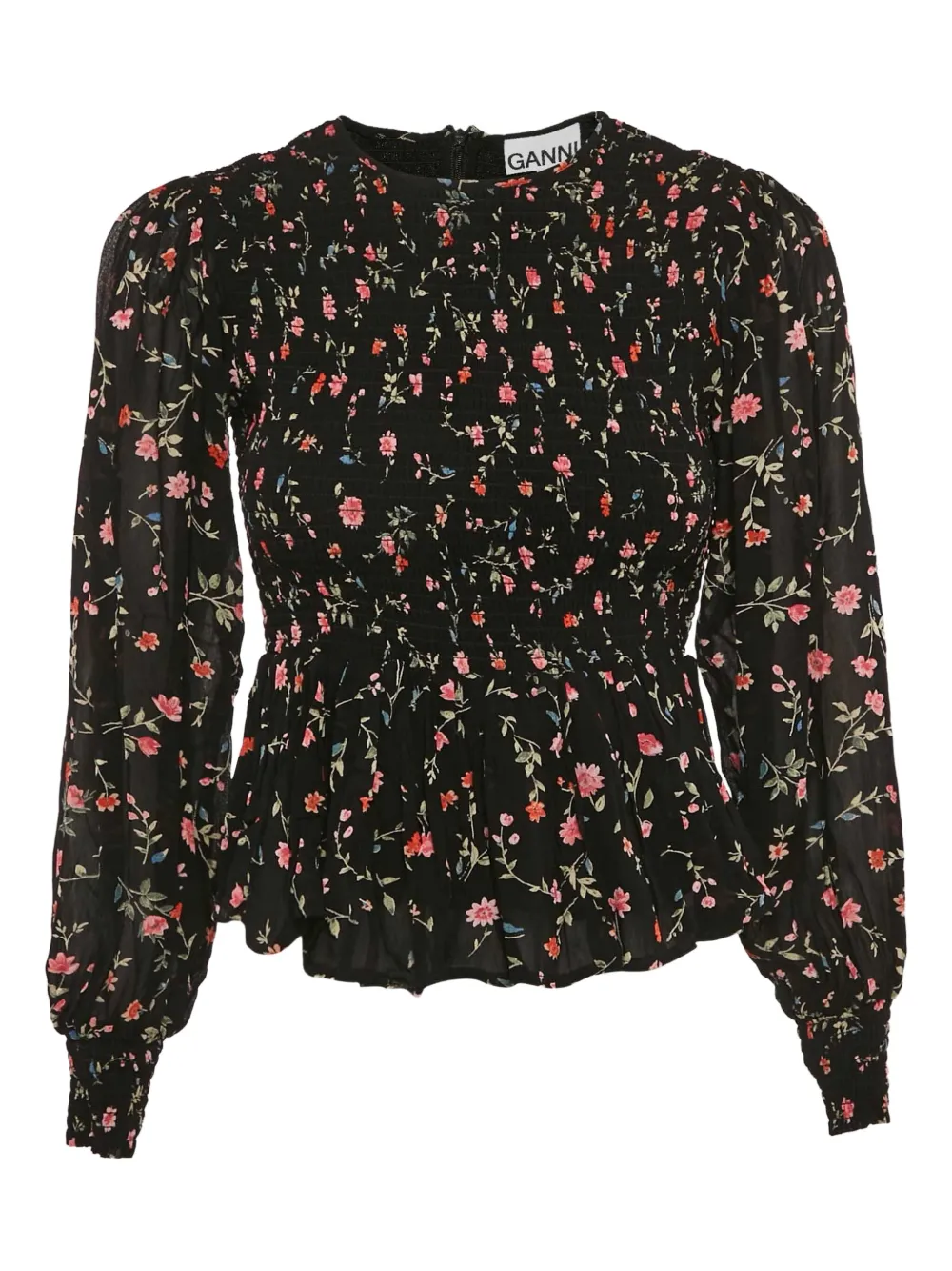 GANNI floral print smocked blouse | Black | Image 1