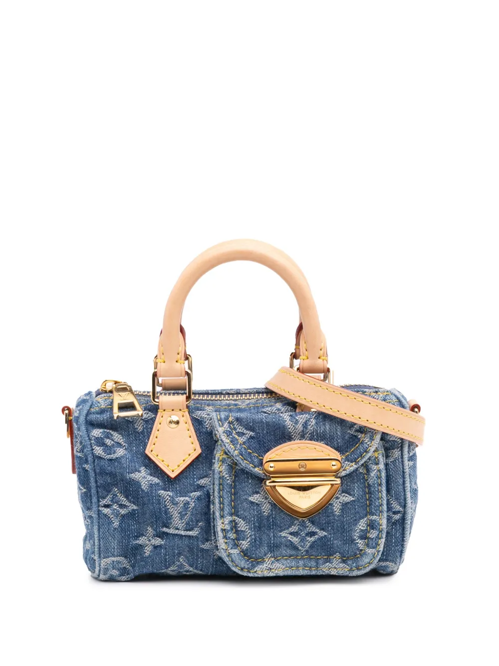 Pre-owned Louis Vuitton 2021-2025 Monogram Denim Nano Speedy Bandouliere Satchel