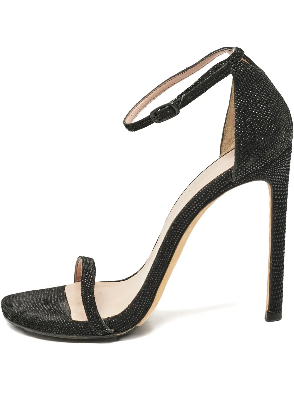 Pre-owned Stuart Weitzman  85mm Textured Suede Buckled Sandals In Black