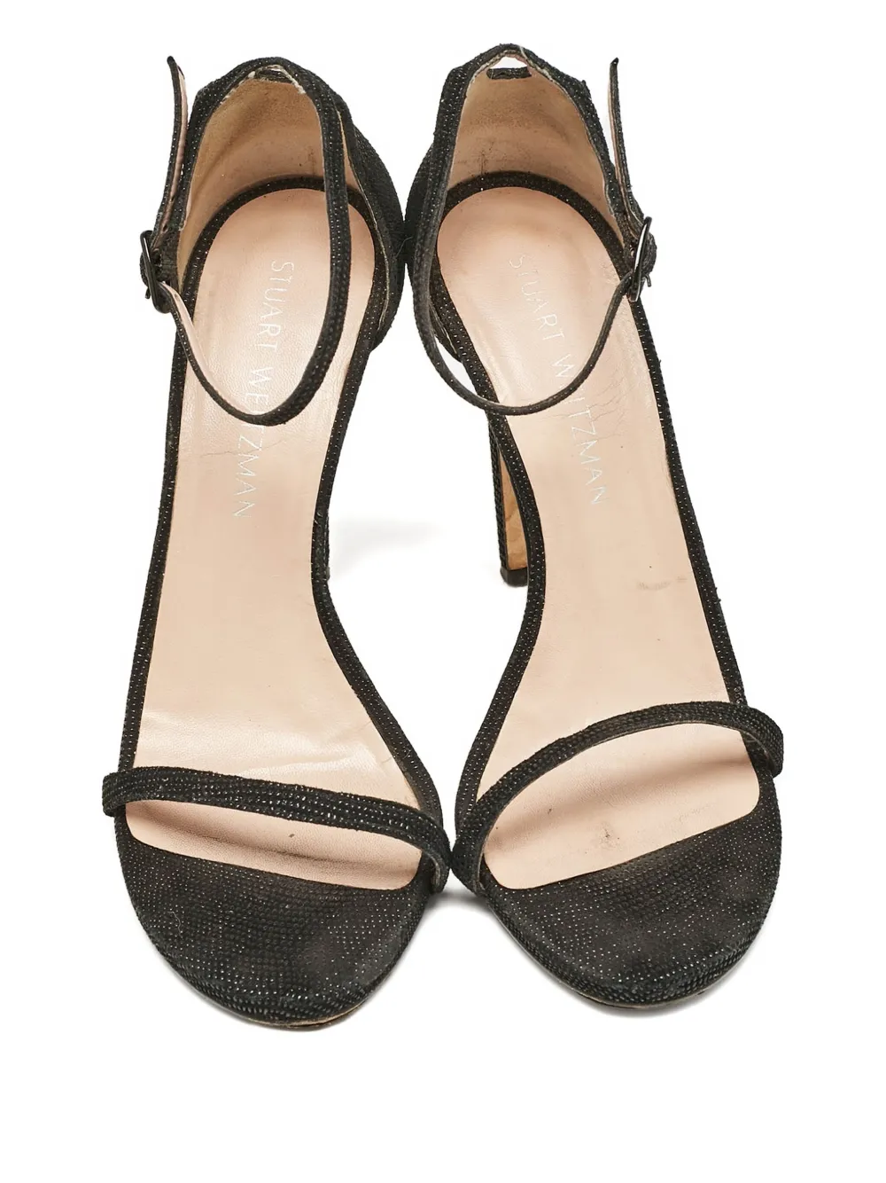 Pre-owned Stuart Weitzman  85mm Textured Suede Buckled Sandals In Black