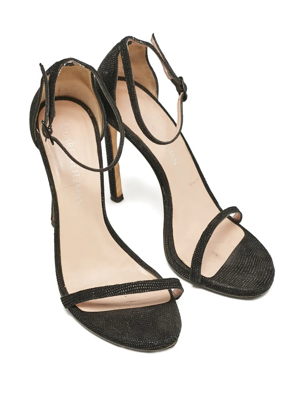 Pre-owned Stuart Weitzman  85mm Textured Suede Buckled Sandals In Black