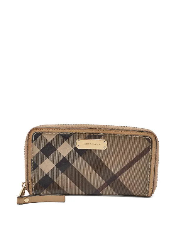 Burberry Pre-owned Leather Check Zip Wallet in Brown