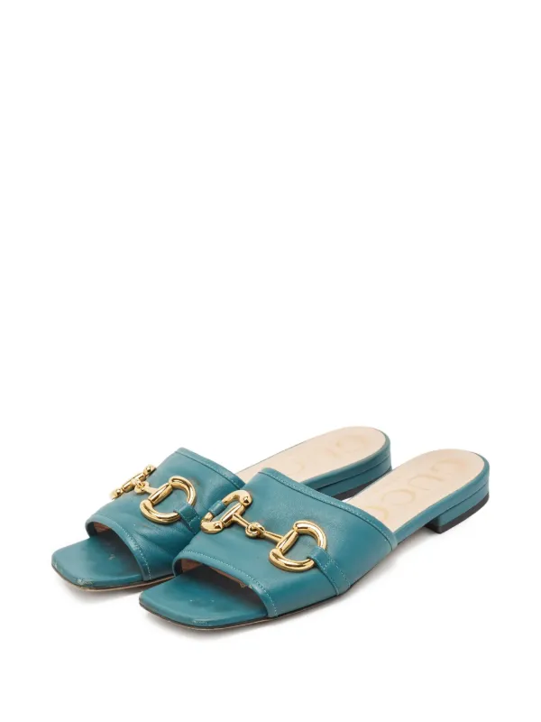 Gucci Pre-Owned Leather Flat Sandals Blue FARFETCH JO