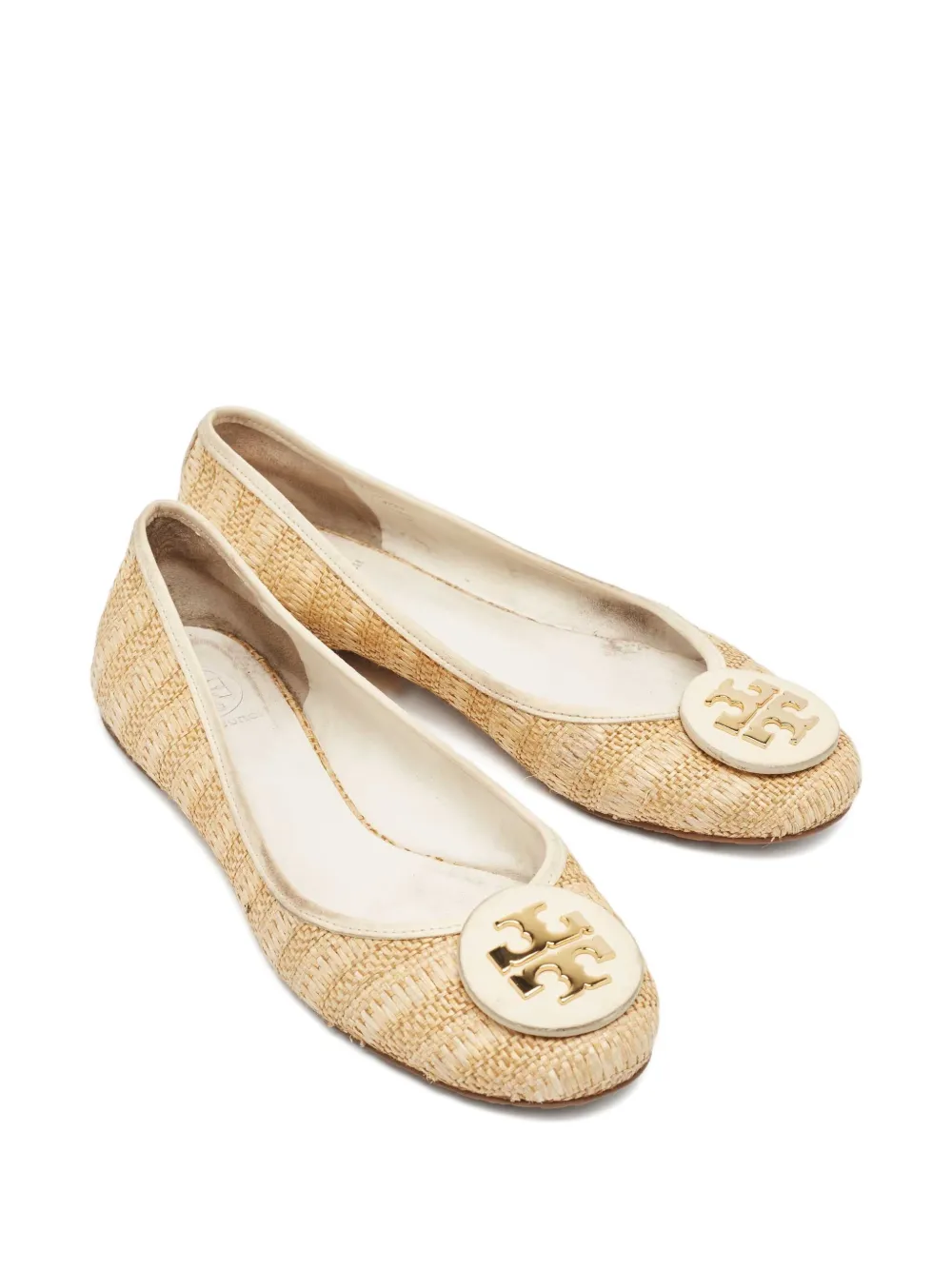 Tory Burch 2023 pre-owned raffia leren ballerina's Beige
