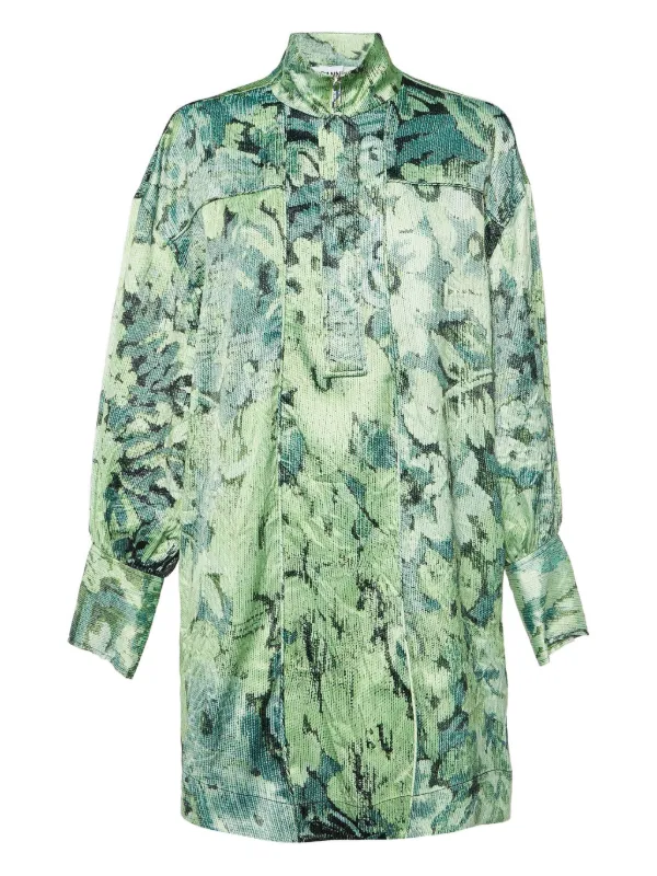 Ganni Crinkled Satin Printed Half Zip Mini Dress Margarita Size 38