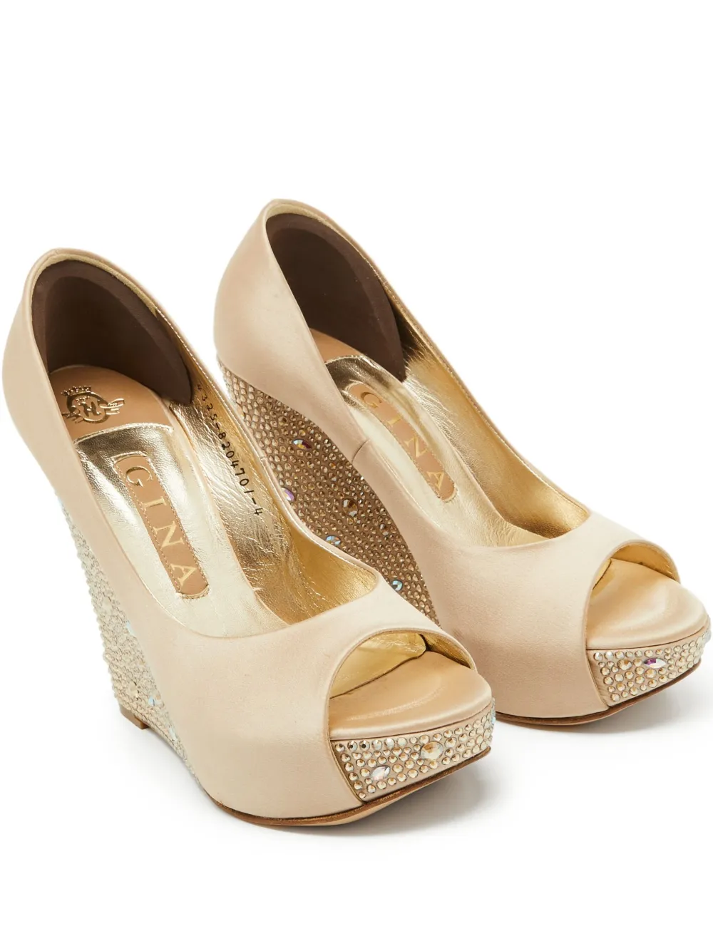 Gina pre-owned 125mm satin peep-toe wedge heels | Neutrals | Image 1