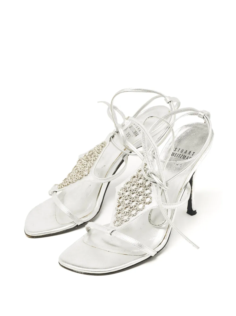 Pre-owned Stuart Weitzman 95mm Rhinestone-embellished Ankle-strap Sandals In Silver