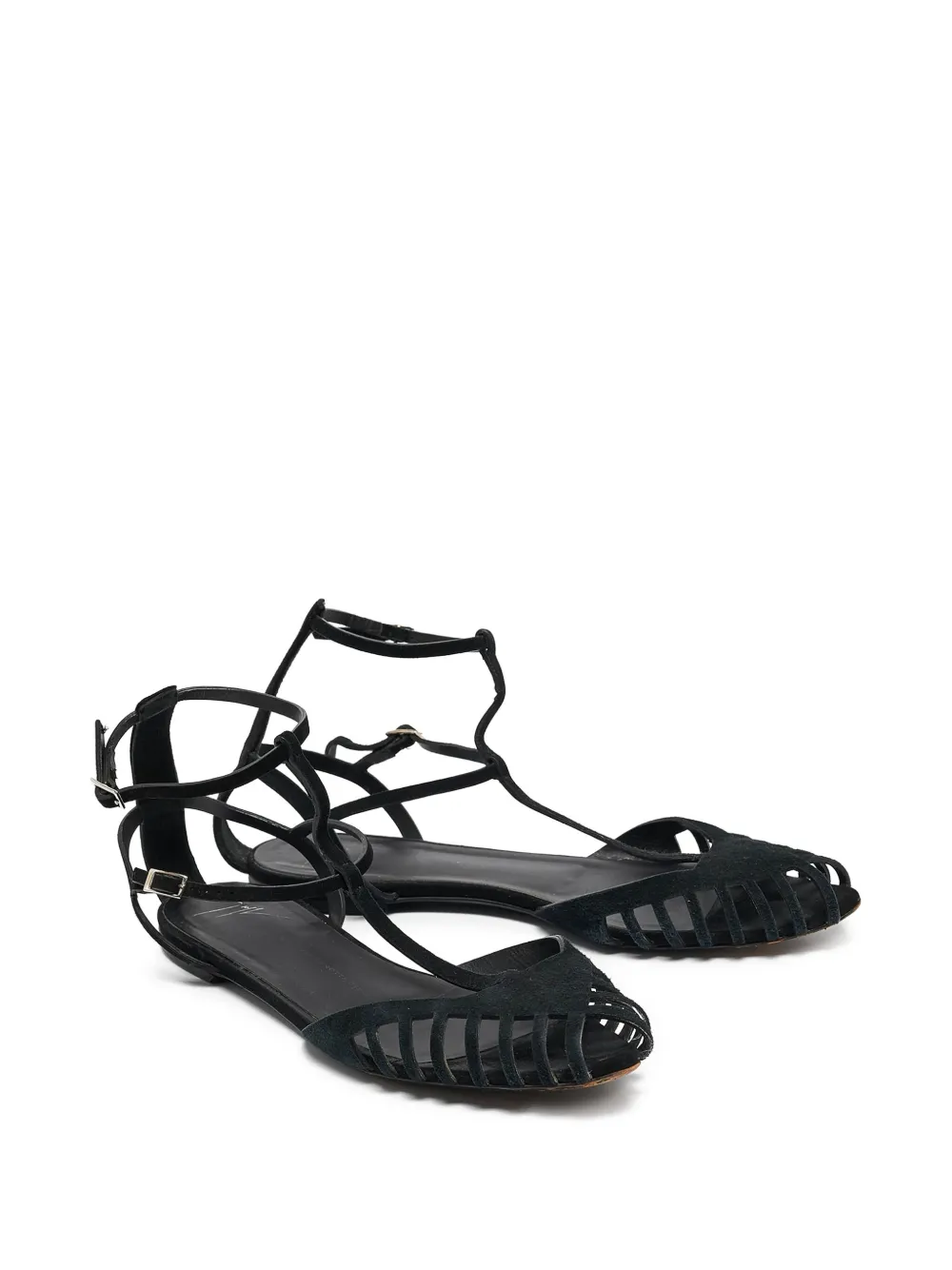 Pre-owned Giuseppe Zanotti Vintage Strappy Cut-out Flat Sandals In Black
