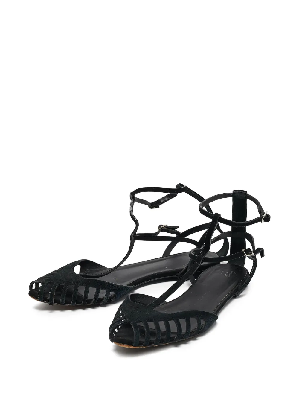 Pre-owned Giuseppe Zanotti Vintage Strappy Cut-out Flat Sandals In Black