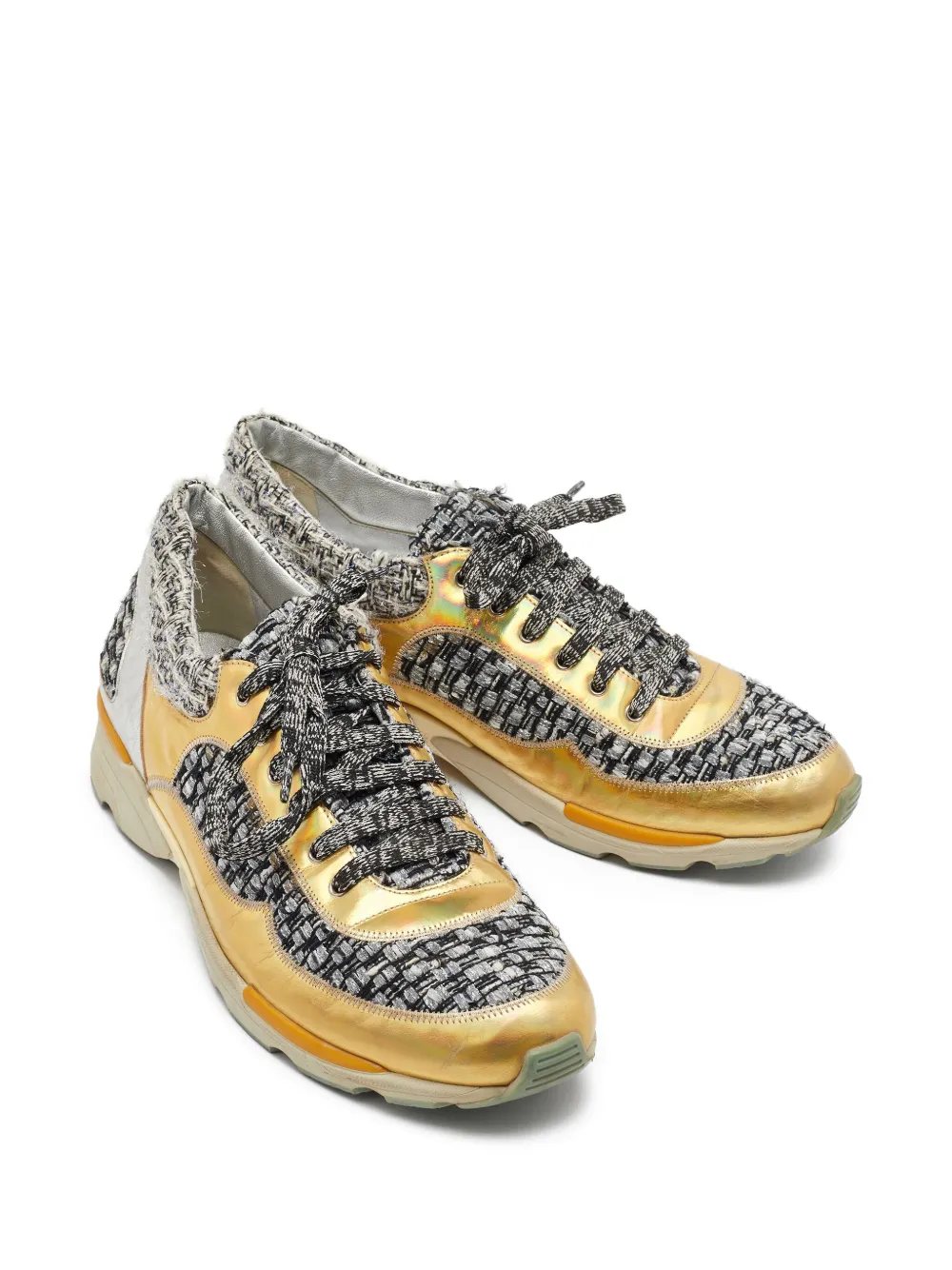 CHANEL Pre-Owned metallic leather and tweed mix trainers | Image 2