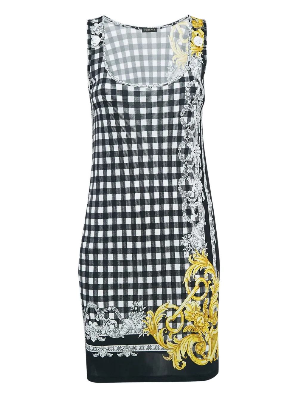 Pre-owned Versace Gingham Baroque-print Mini Dress In Black