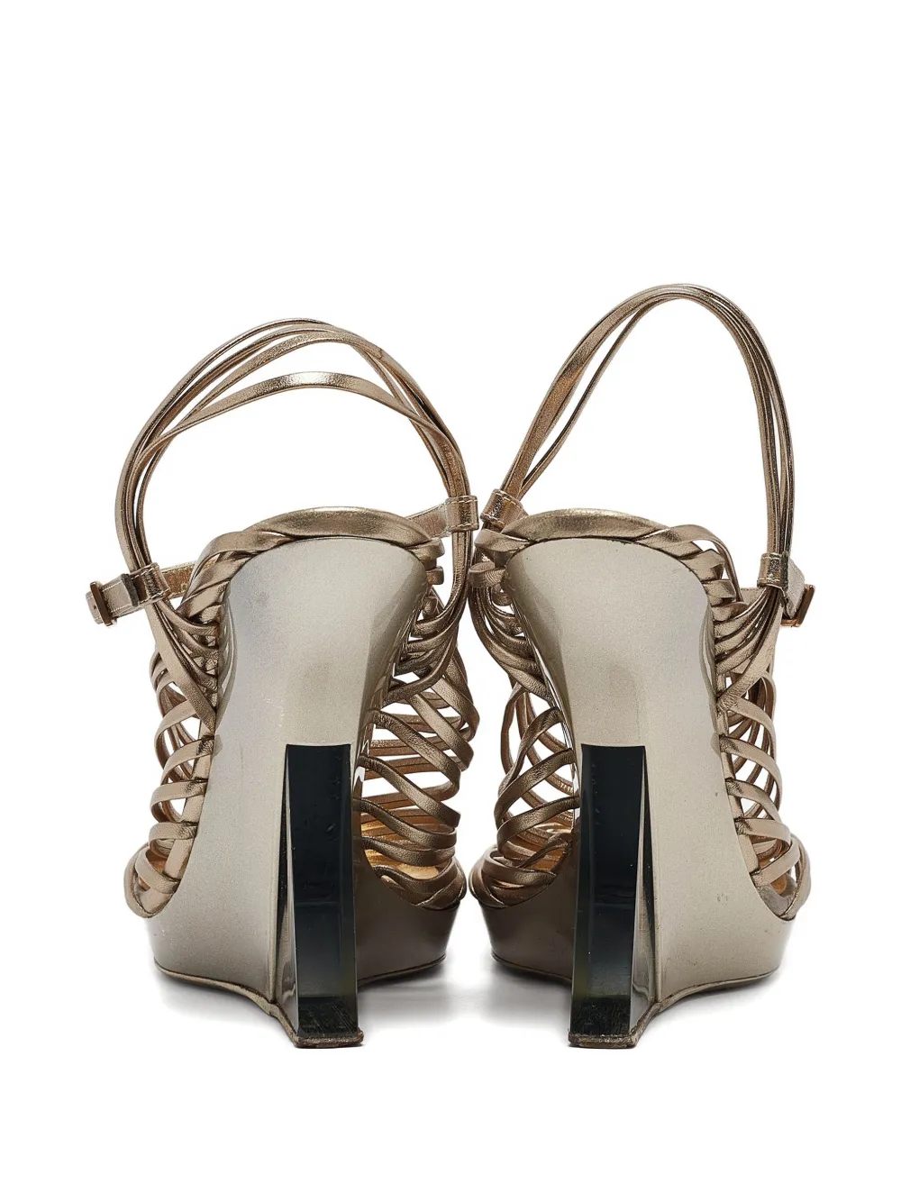 Pre-owned Ferragamo 130mm Leather Caged Wedge-heel Sandals In Yellow