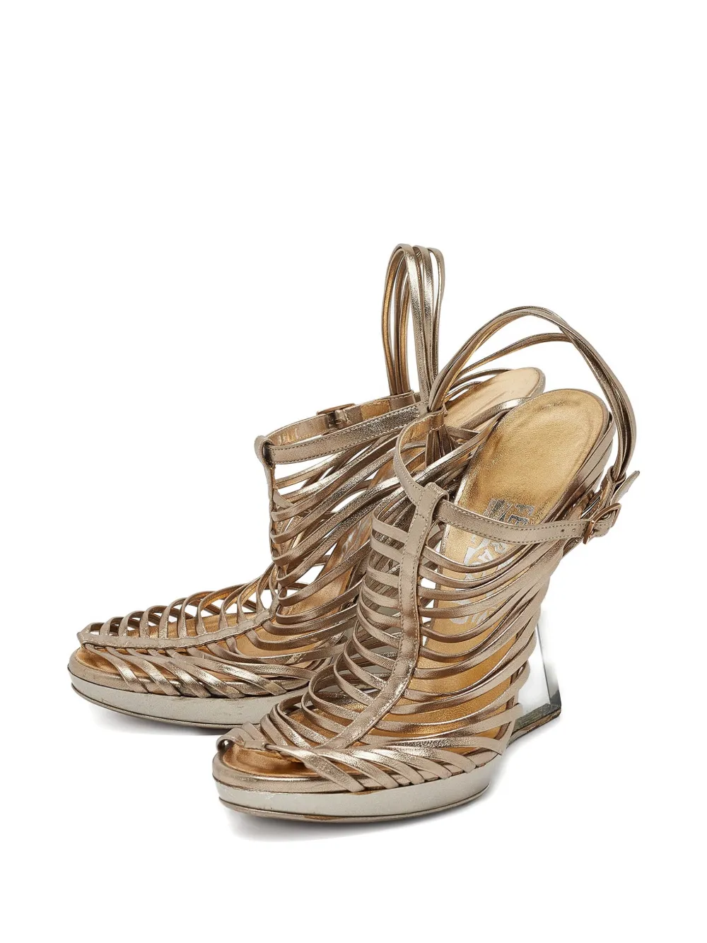 Pre-owned Ferragamo 130mm Leather Caged Wedge-heel Sandals In Yellow