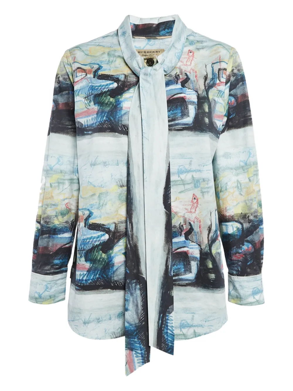 BURBERRY Pre-owned Abstract Print Tie-neck Shirt In Blue