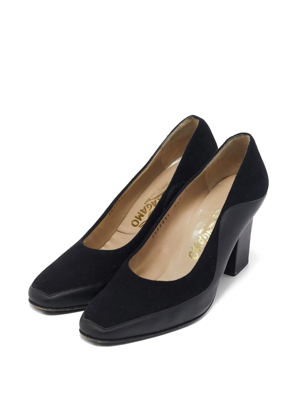 Pre-owned Ferragamo 1900s 90mm Anastasia Leather Suede Block-heel Pumps In Black
