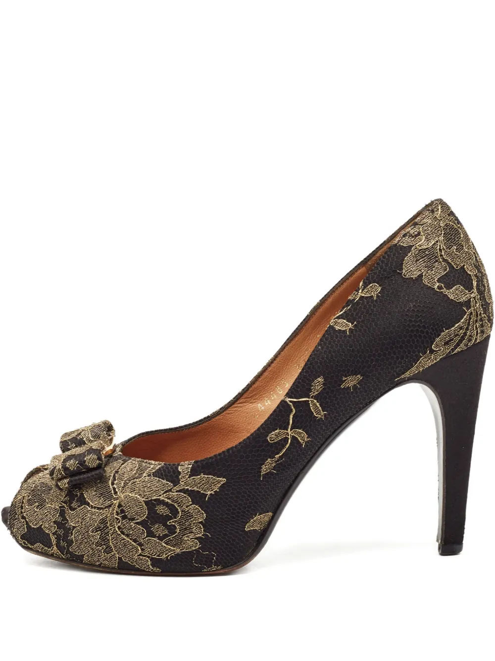 Pre-owned Ferragamo 110mm Floral-print Peep-toe Pumps In Black