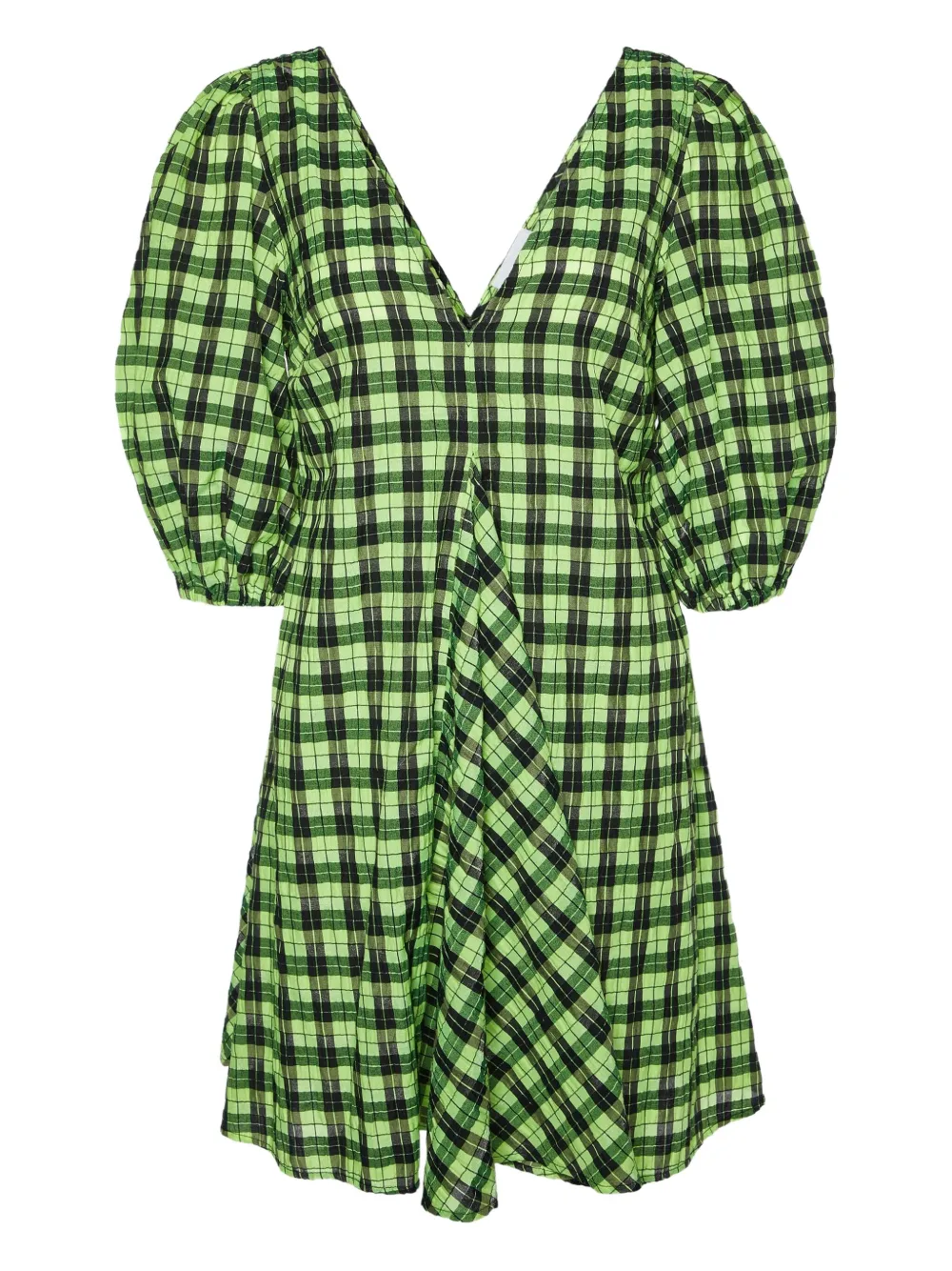 GANNI pre-owned plaid-check puff-sleeve dress | Green | Image 1
