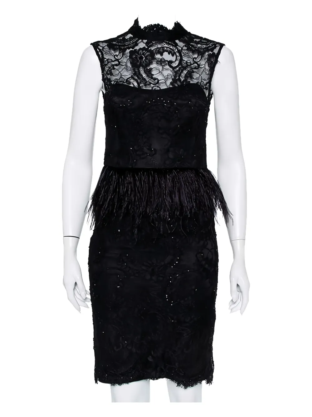 Pre-owned Alice And Olivia Lace Feather-trim Dress In Black