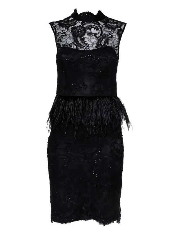 Alice + Olivia Lace feather-trim Dress | Black | FARFETCH