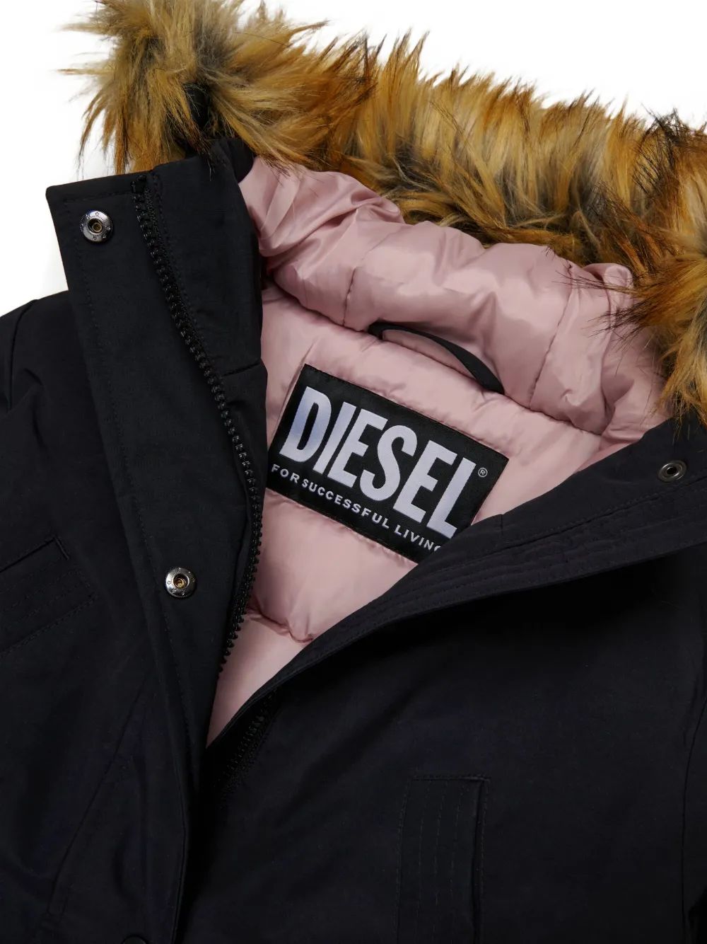 Diesel Kids Gewatteerd jack met imitatiebont capuchon Zwart