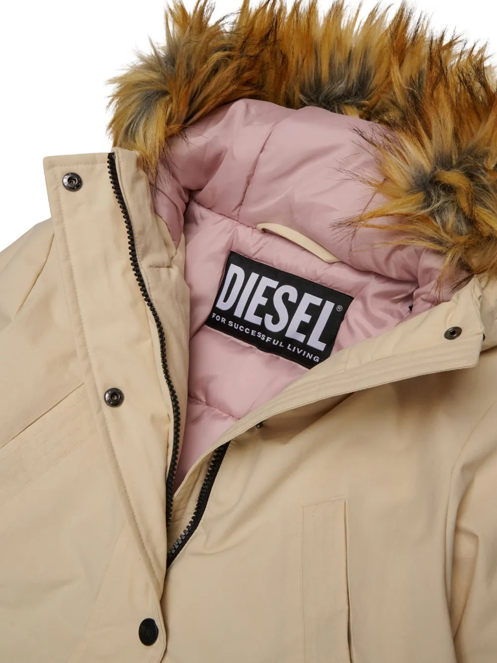 Diesel Kids Gewatteerd jack met imitatiebont capuchon Beige