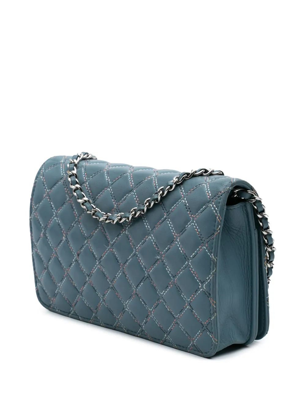 Pre-owned Chanel 2019 Quilted Lambskin Double Stitch Wallet On Chain Crossbody Bag In Blue