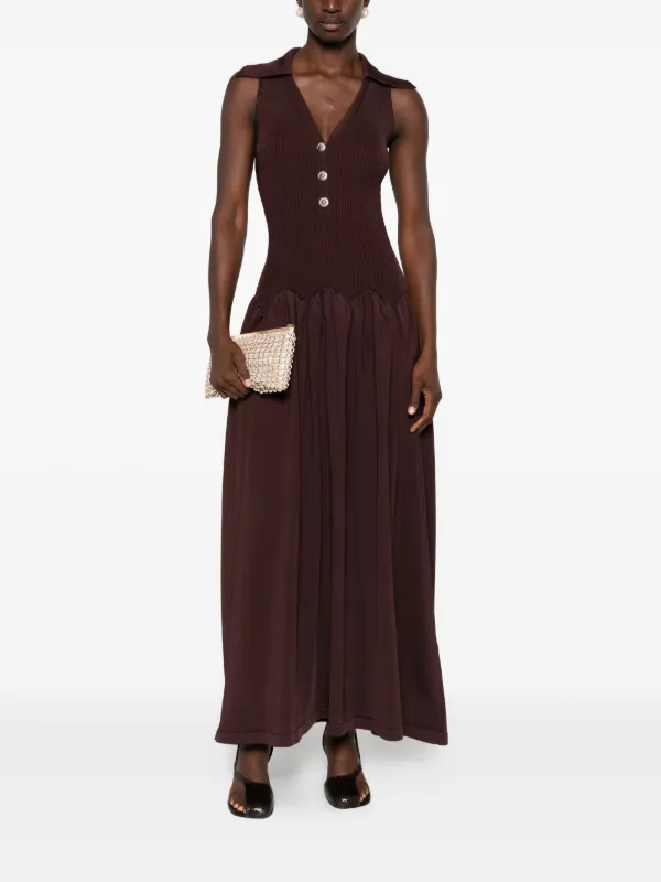 Self-Portrait Ribbed Knit Maxi Dress, Brown, Women's, L, Casual & Work Dresses Maxi Dresses