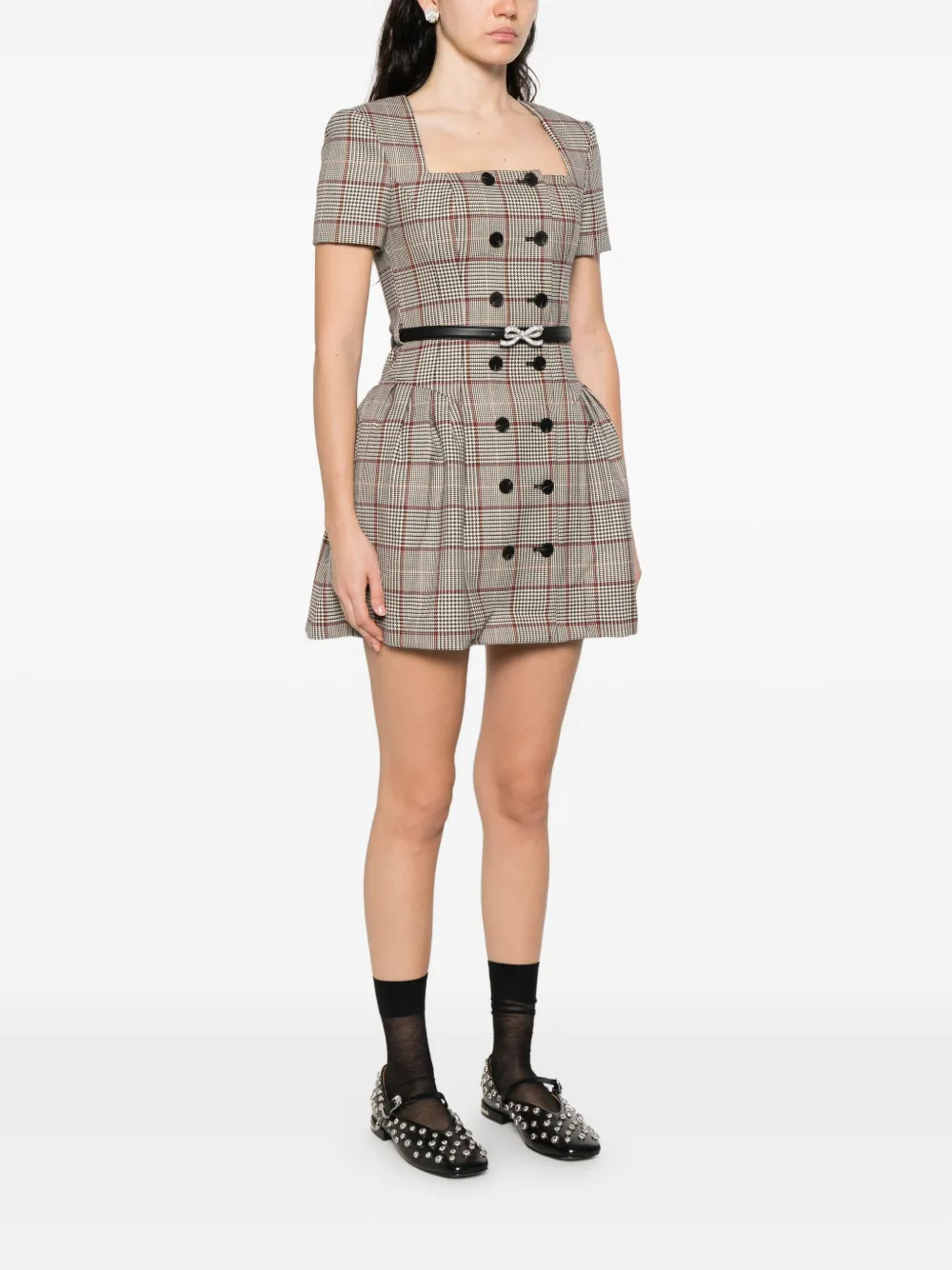 Self-Portrait Geruite mini-jurk met korte mouwen Beige