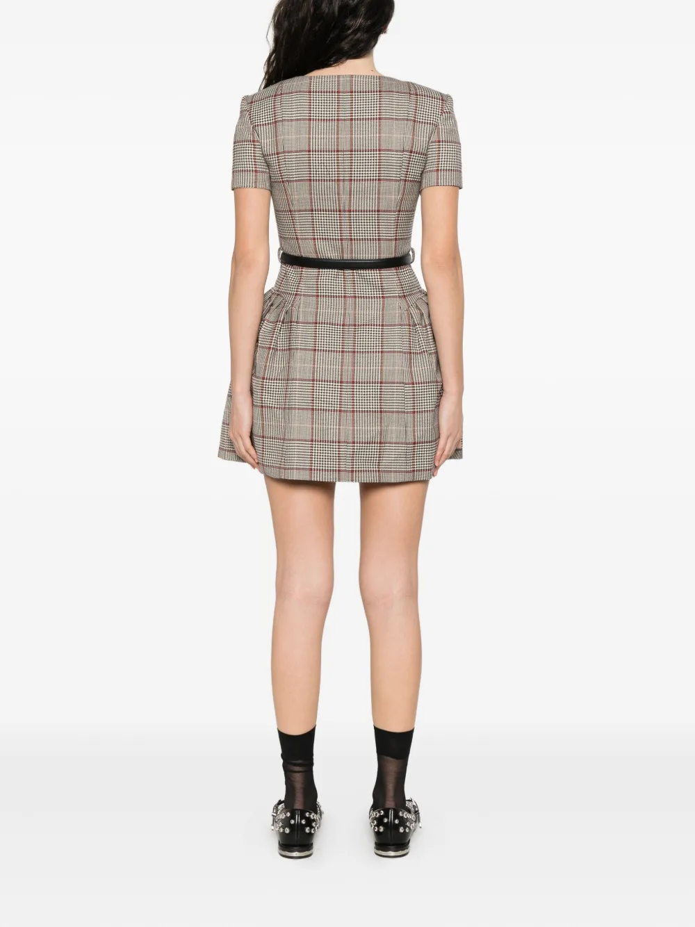 Self-Portrait Geruite mini-jurk met korte mouwen Beige