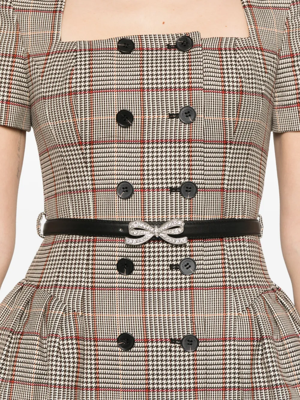 Self-Portrait Geruite mini-jurk met korte mouwen Beige
