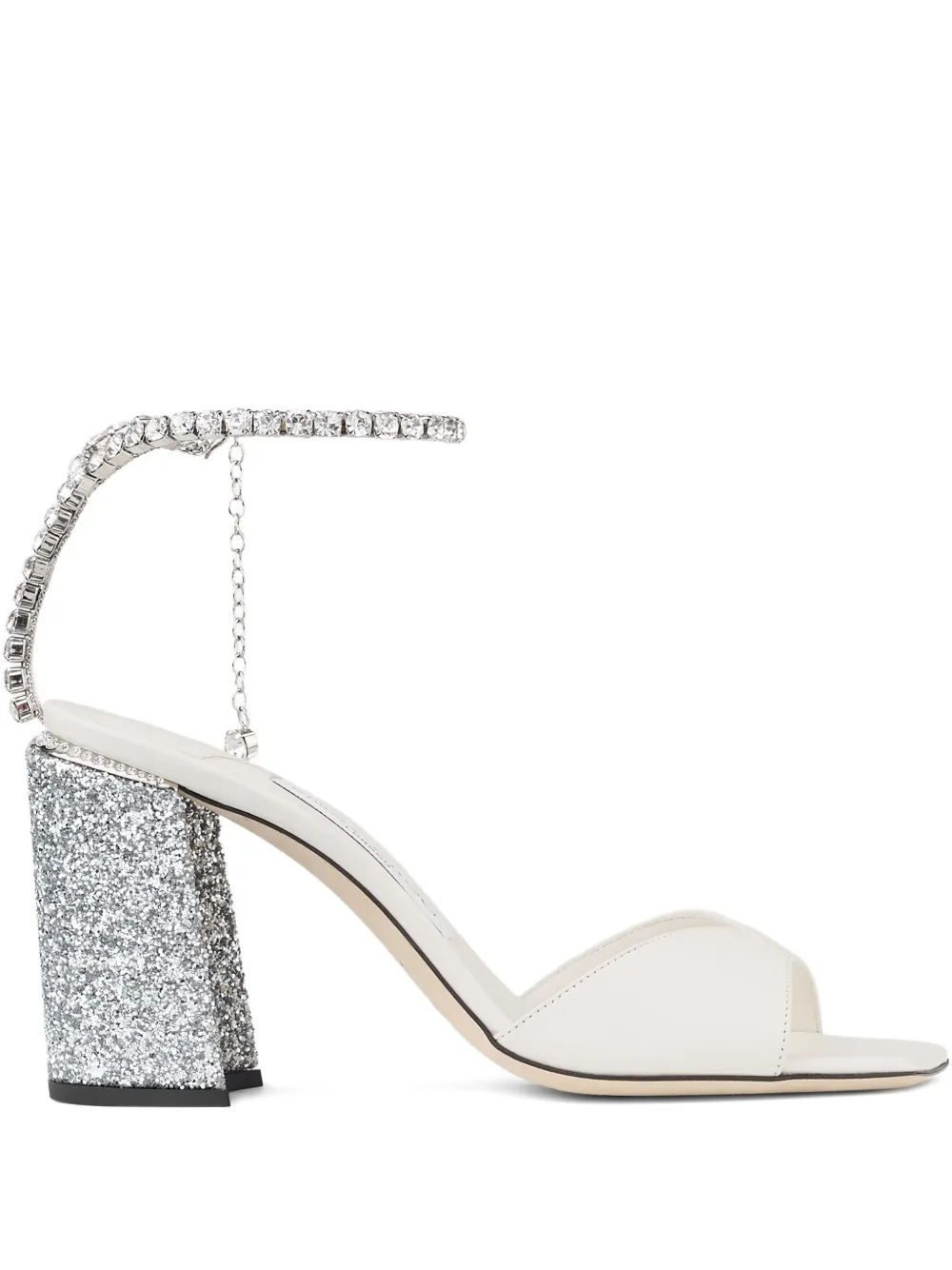 Jimmy Choo 85mm Saeda crystal-embellished glitter-heel sandals White