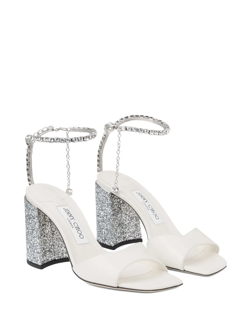 Jimmy Choo 85mm Saeda crystal-embellished glitter-heel sandals White