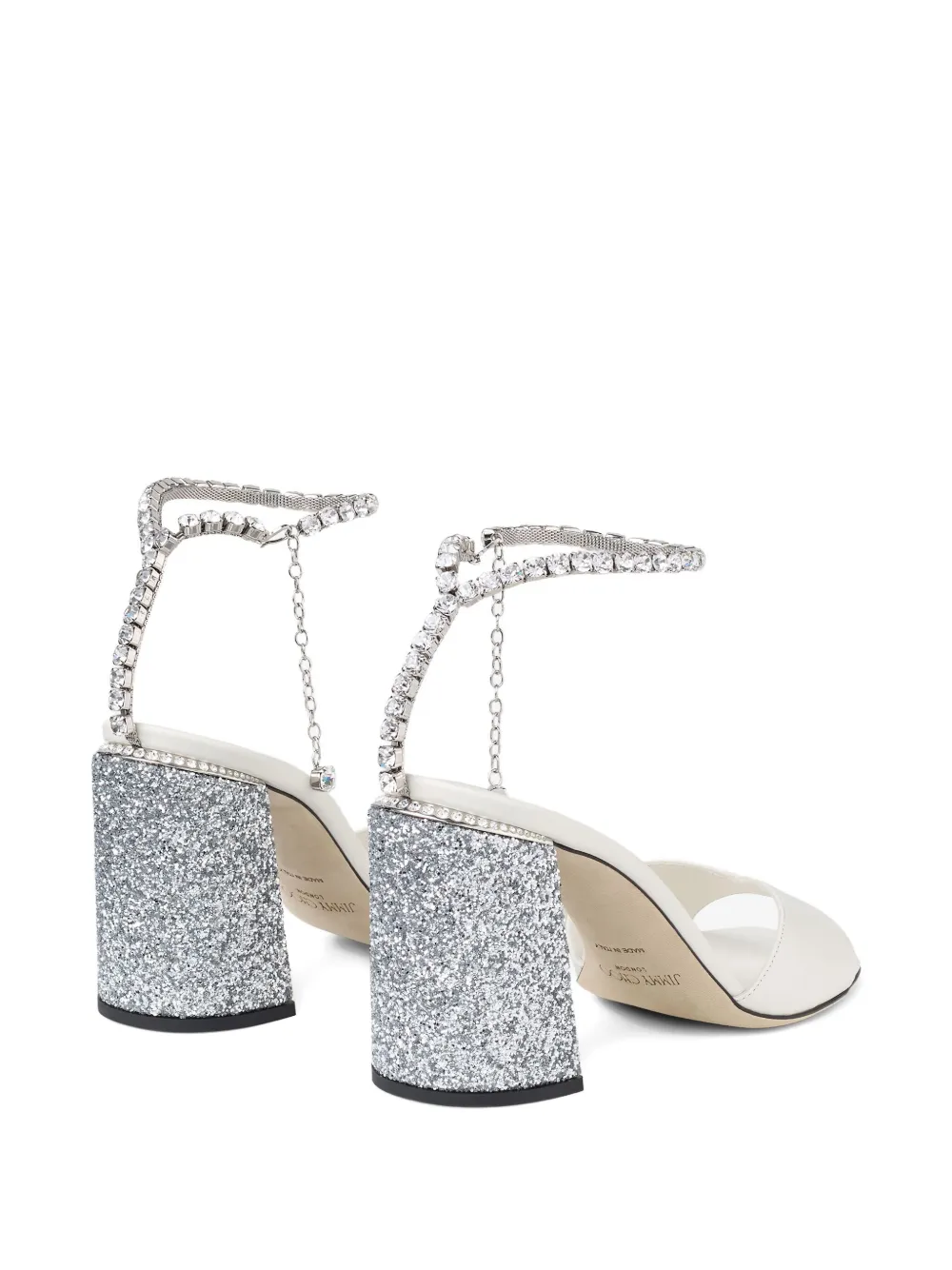Jimmy Choo 85mm Saeda crystal-embellished glitter-heel sandals White