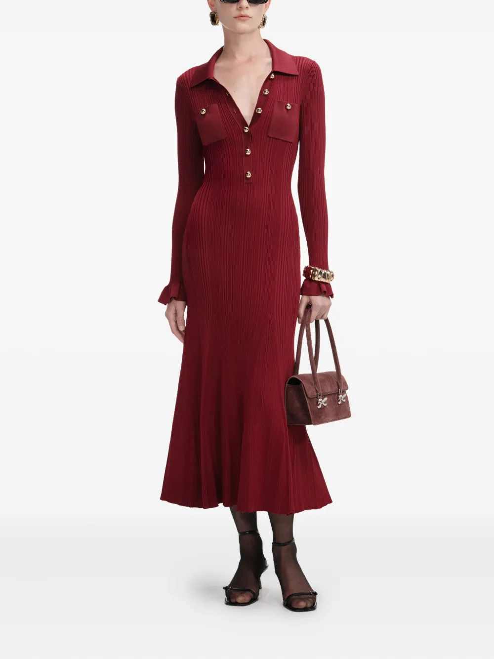 Self-Portrait ribbed-knit buttoned midi dress Rood