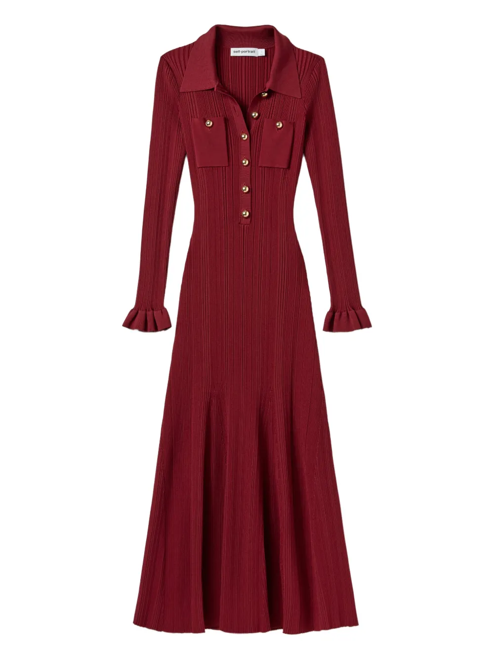 Self-Portrait ribbed-knit buttoned midi dress Rood